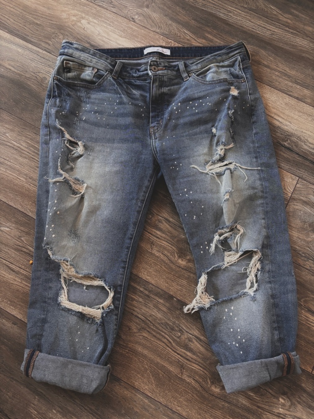 KanCan Distressed Blue Boyfriend Jeans with Paint-Splatter